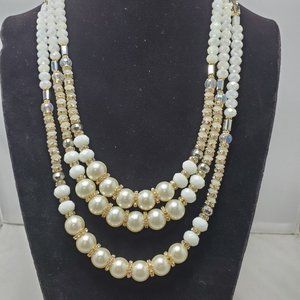 Ali Khan 3 row glass pearl & faceted beads with rhinestone rondels necklace